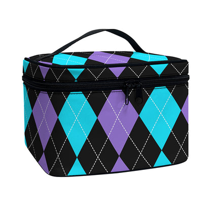 Purple Black And Blue Argyle Print Travel Makeup Bag