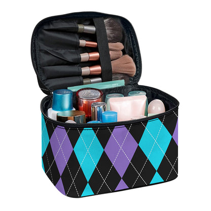 Purple Black And Blue Argyle Print Travel Makeup Bag