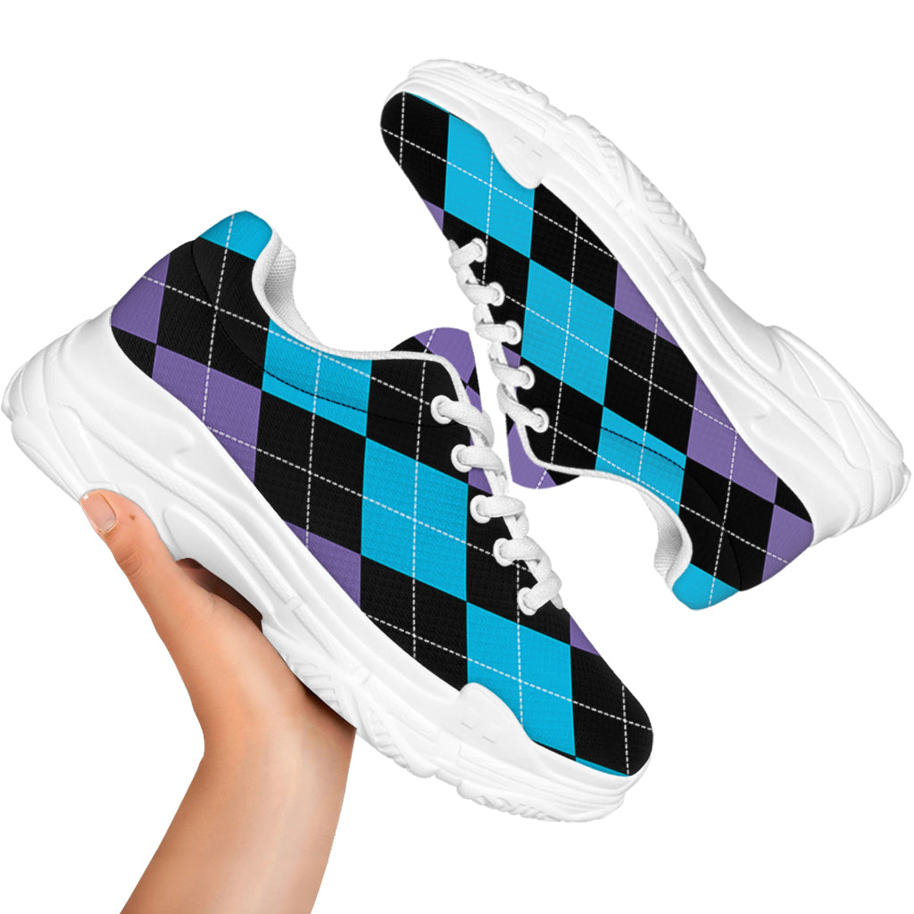 Purple Black And Blue Argyle Print White Chunky Shoes