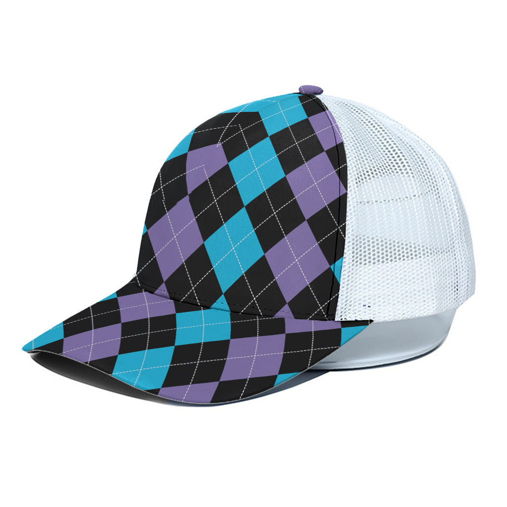 Purple Black And Blue Argyle Print White Mesh Trucker Cap
