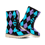 Purple Black And Blue Argyle Print Winter Boots