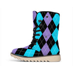 Purple Black And Blue Argyle Print Winter Boots