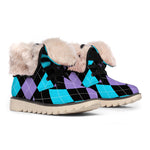 Purple Black And Blue Argyle Print Winter Boots