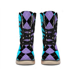 Purple Black And Blue Argyle Print Winter Boots
