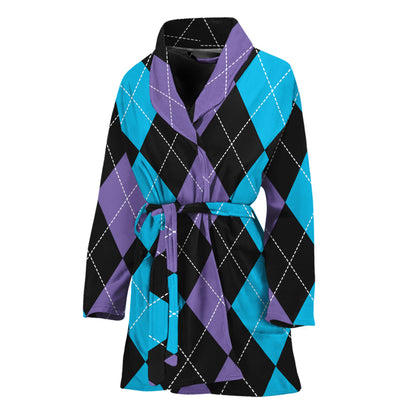 Purple Black And Blue Argyle Print Women's Bathrobe