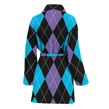 Purple Black And Blue Argyle Print Women's Bathrobe