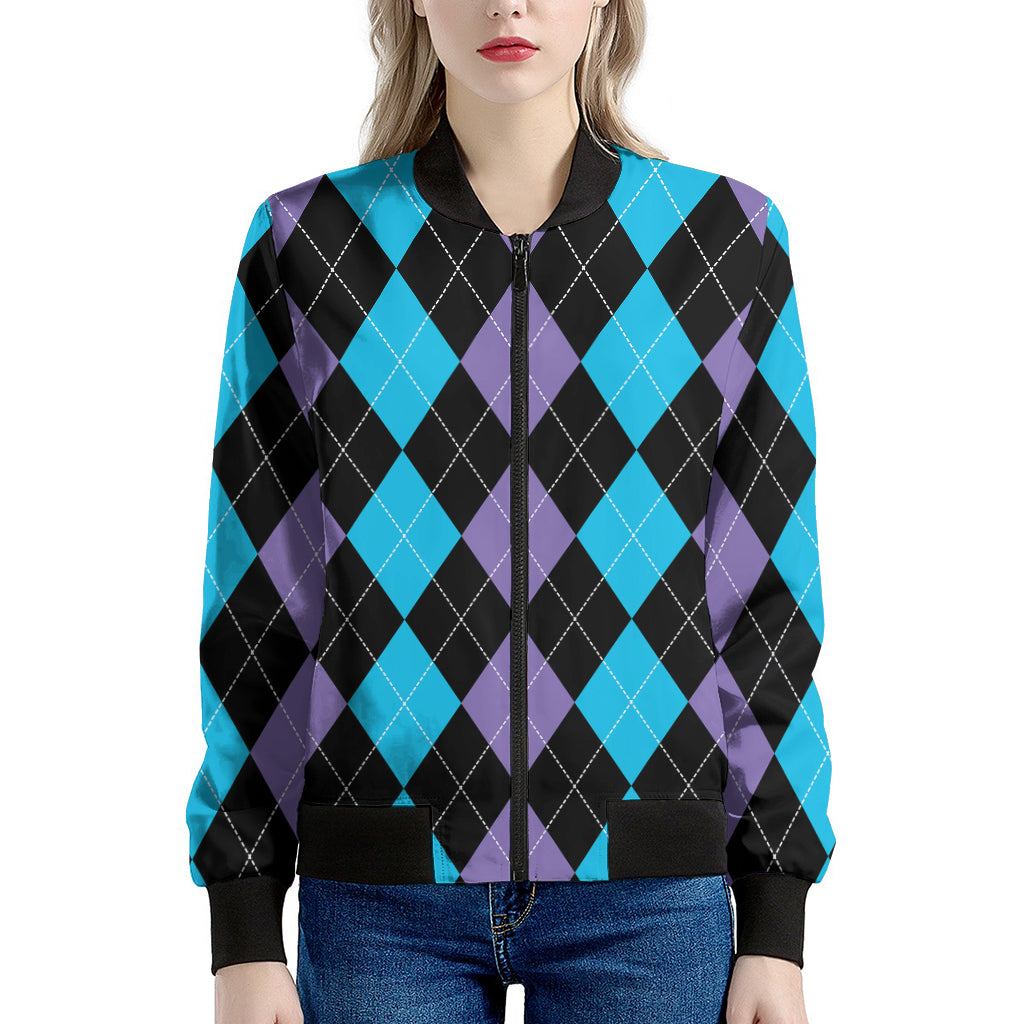 Purple Black And Blue Argyle Print Women's Bomber Jacket