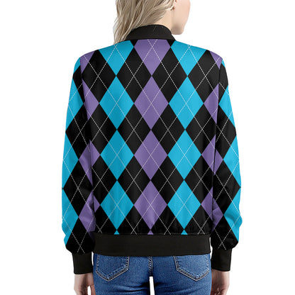 Purple Black And Blue Argyle Print Women's Bomber Jacket