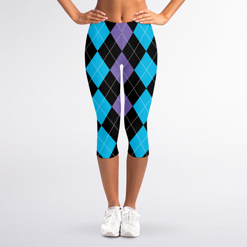 Purple Black And Blue Argyle Print Women's Capri Leggings