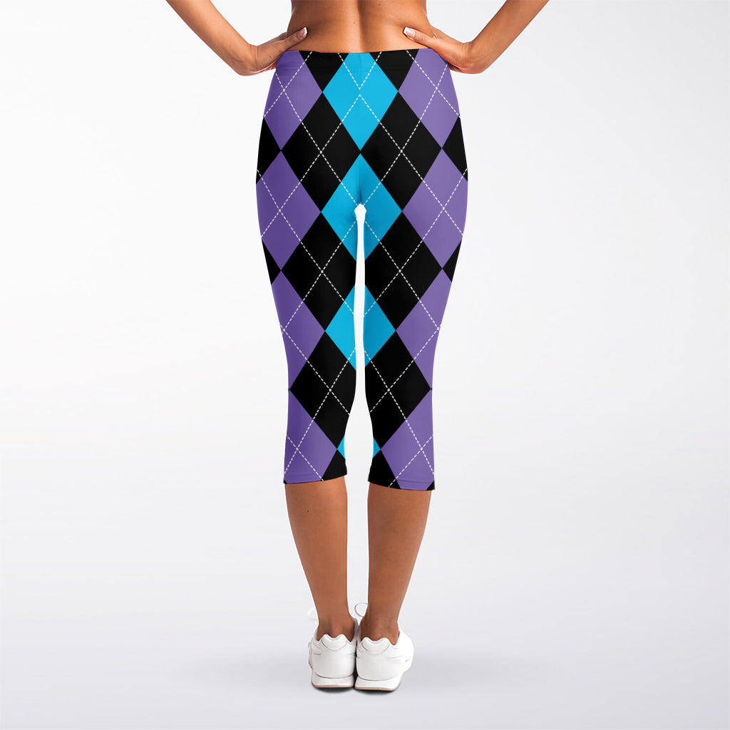 Purple Black And Blue Argyle Print Women's Capri Leggings