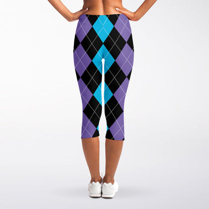 Purple Black And Blue Argyle Print Women's Capri Leggings