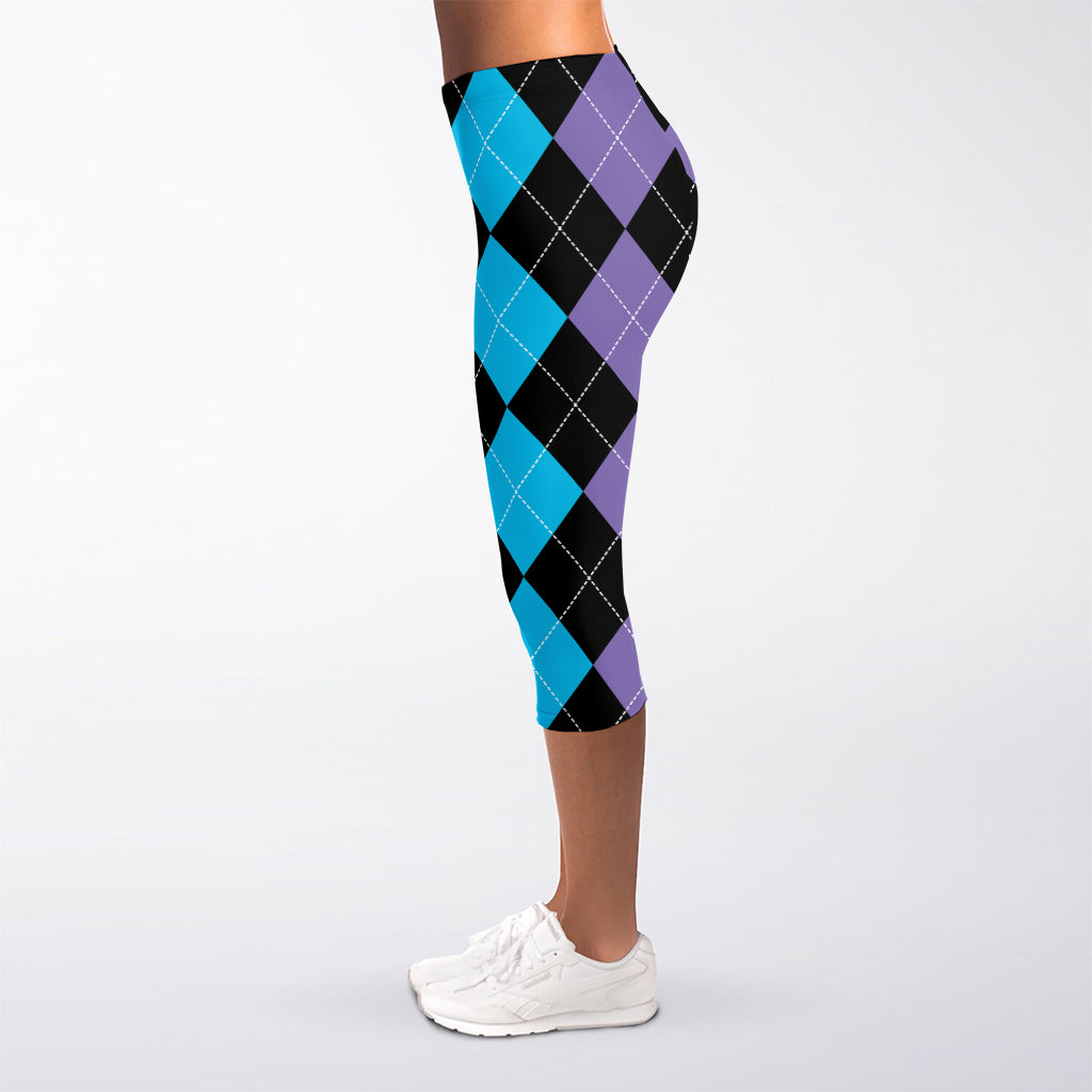 Purple Black And Blue Argyle Print Women's Capri Leggings