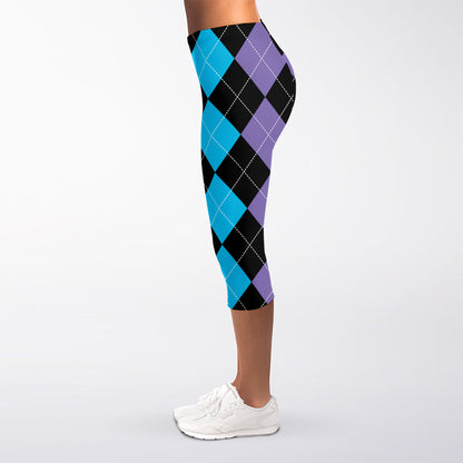 Purple Black And Blue Argyle Print Women's Capri Leggings