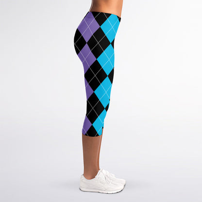 Purple Black And Blue Argyle Print Women's Capri Leggings