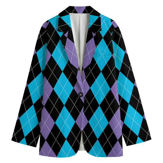 Purple Black And Blue Argyle Print Women's Cotton Blazer
