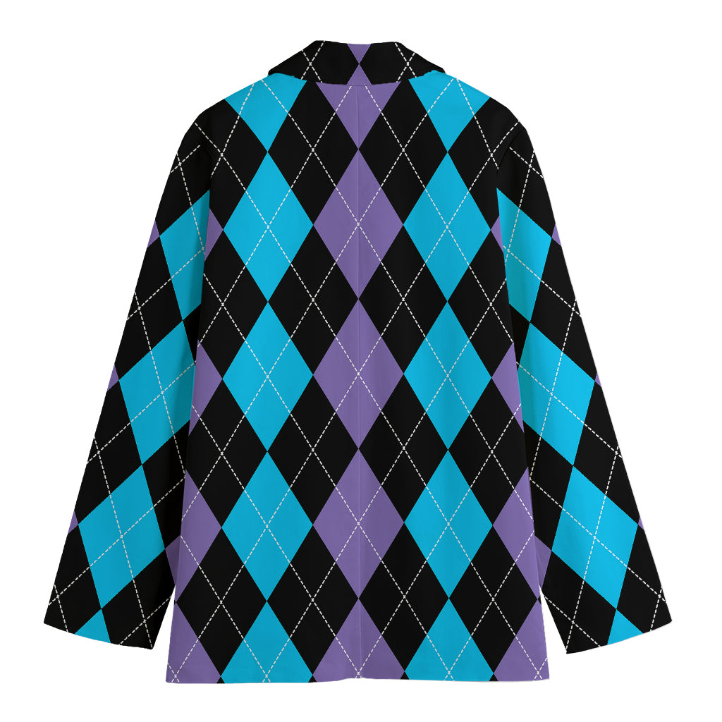 Purple Black And Blue Argyle Print Women's Cotton Blazer