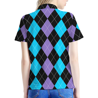 Purple Black And Blue Argyle Print Women's Polo Shirt