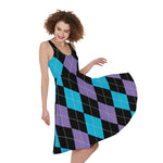 Purple Black And Blue Argyle Print Women's Sleeveless Dress