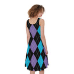 Purple Black And Blue Argyle Print Women's Sleeveless Dress