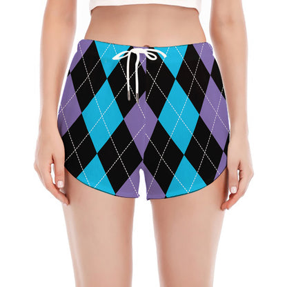 Purple Black And Blue Argyle Print Women's Split Running Shorts