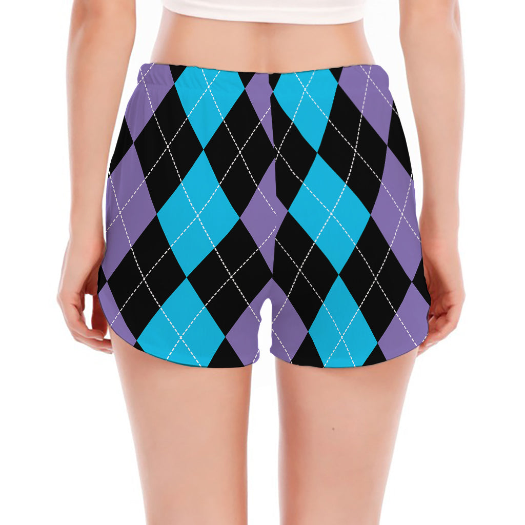 Purple Black And Blue Argyle Print Women's Split Running Shorts