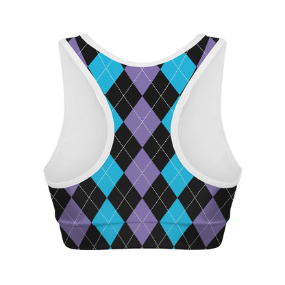 Purple Black And Blue Argyle Print Women's Sports Bra