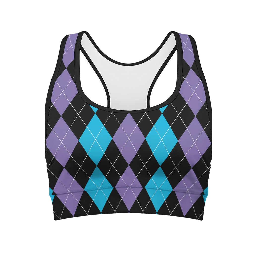 Purple Black And Blue Argyle Print Women's Sports Bra