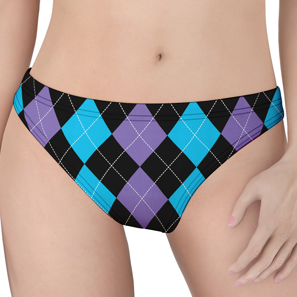 Purple Black And Blue Argyle Print Women's Thong