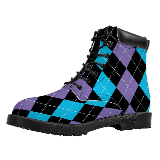 Purple Black And Blue Argyle Print Work Boots