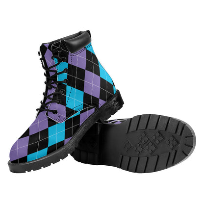 Purple Black And Blue Argyle Print Work Boots
