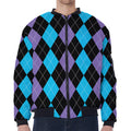 Purple Black And Blue Argyle Print Zip Sleeve Bomber Jacket