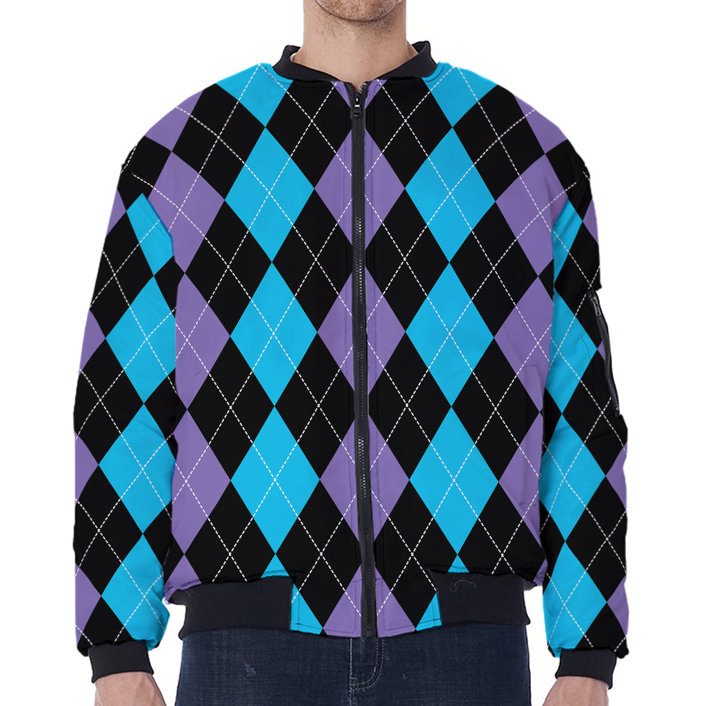 Purple Black And Blue Argyle Print Zip Sleeve Bomber Jacket