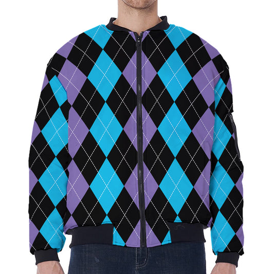 Purple Black And Blue Argyle Print Zip Sleeve Bomber Jacket