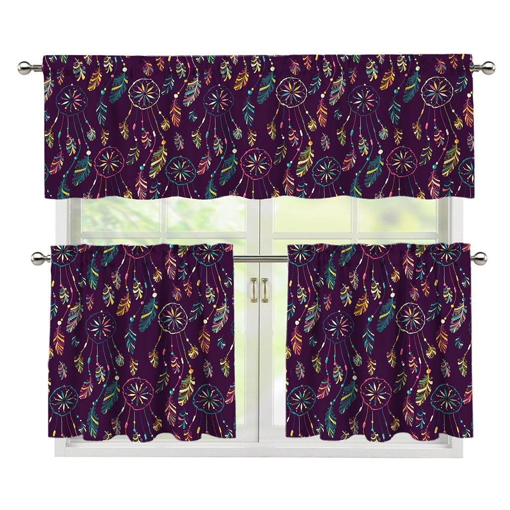 Purple Bohemian Dream Catcher Print 3 Piece Kitchen Curtains