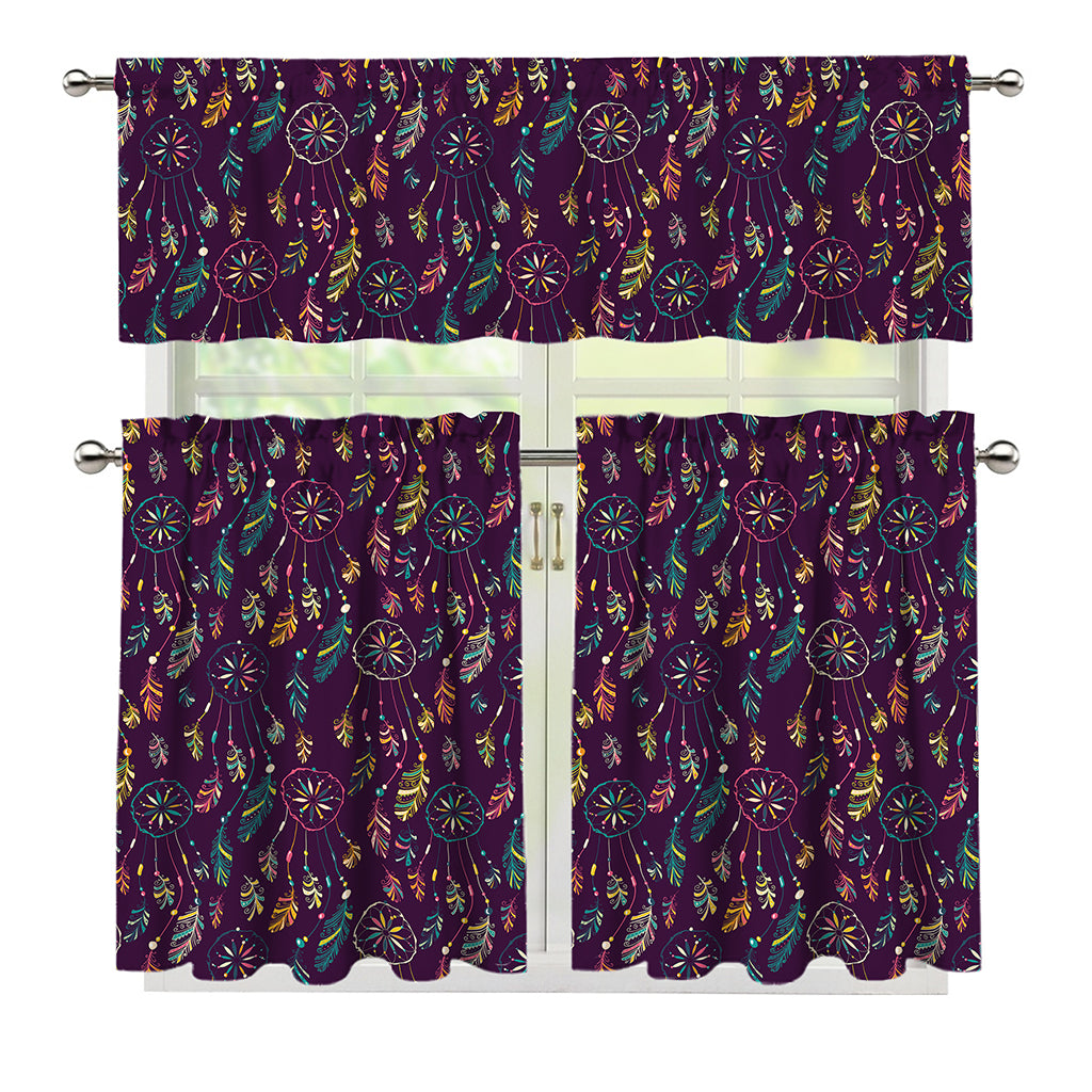 Purple Bohemian Dream Catcher Print 3 Piece Kitchen Curtains