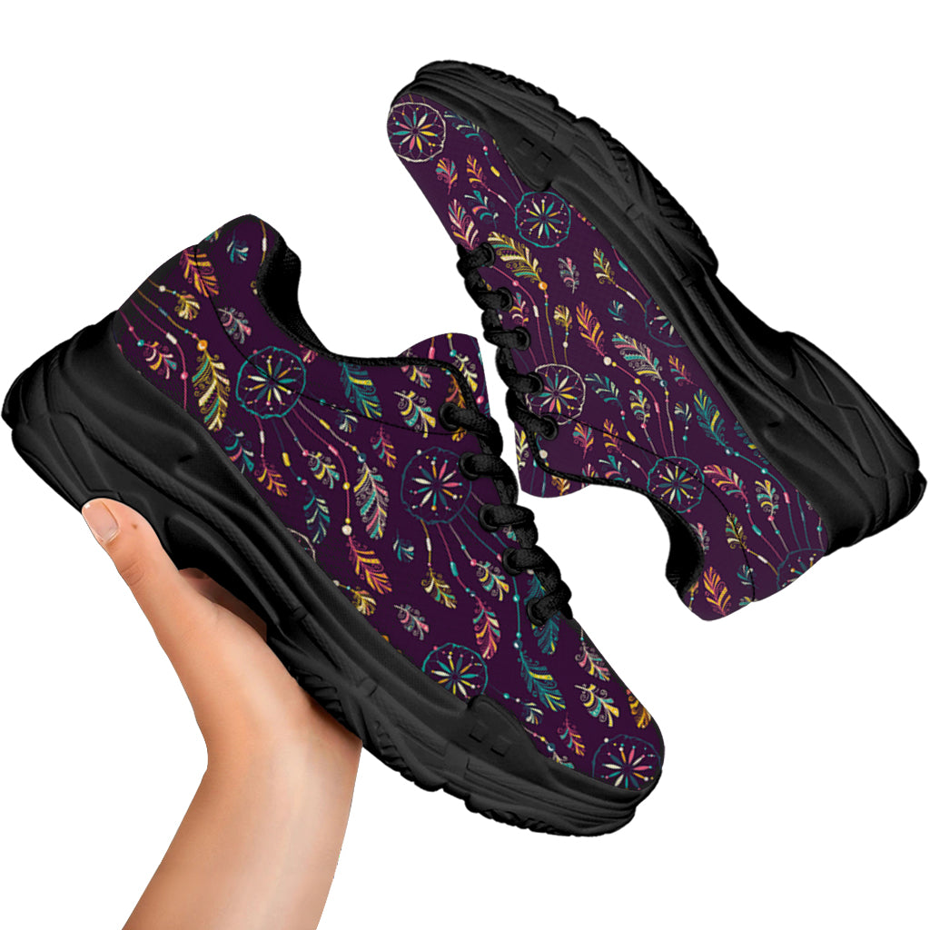 Purple Bohemian Dream Catcher Print Black Chunky Shoes