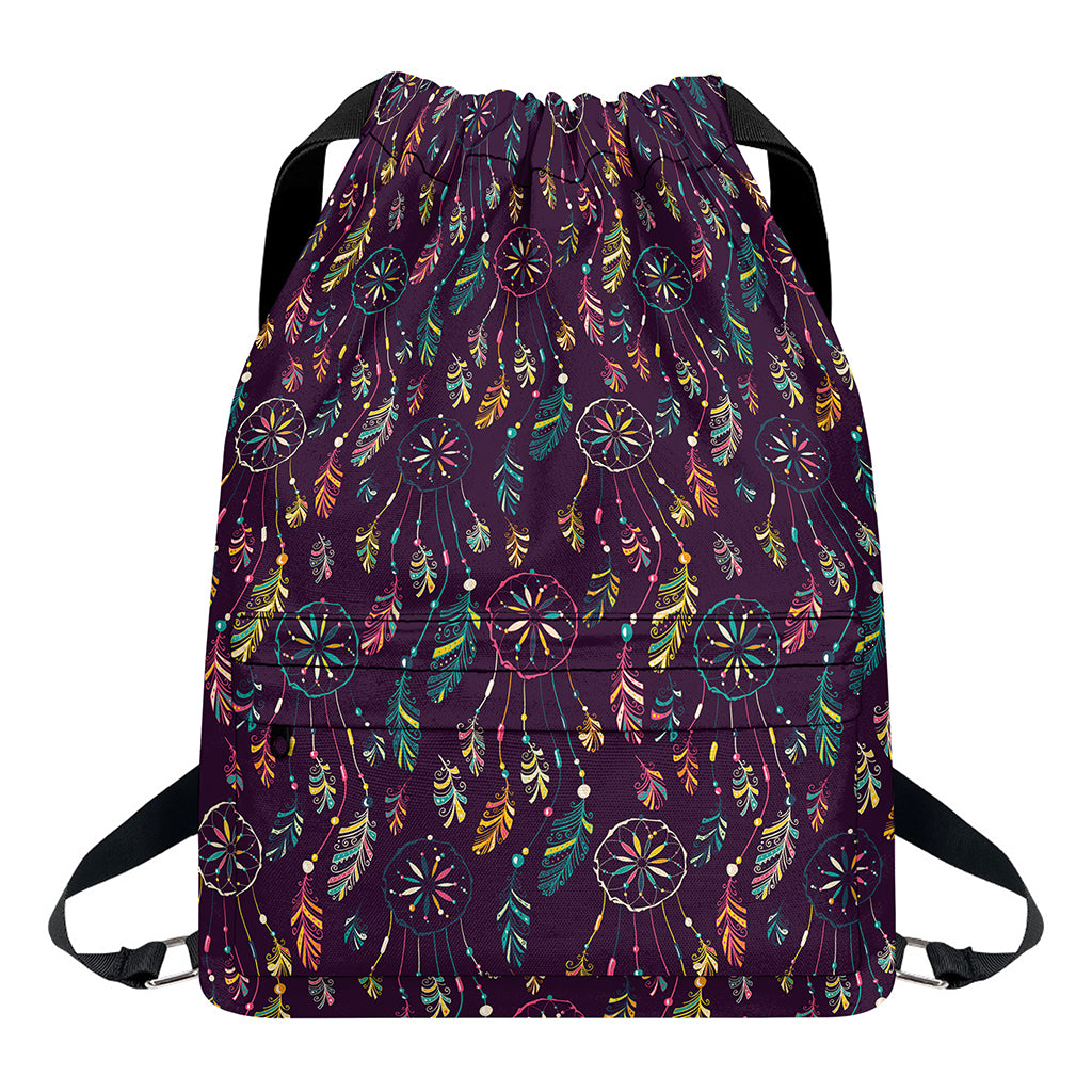Purple Bohemian Dream Catcher Print Drawstring Backpack