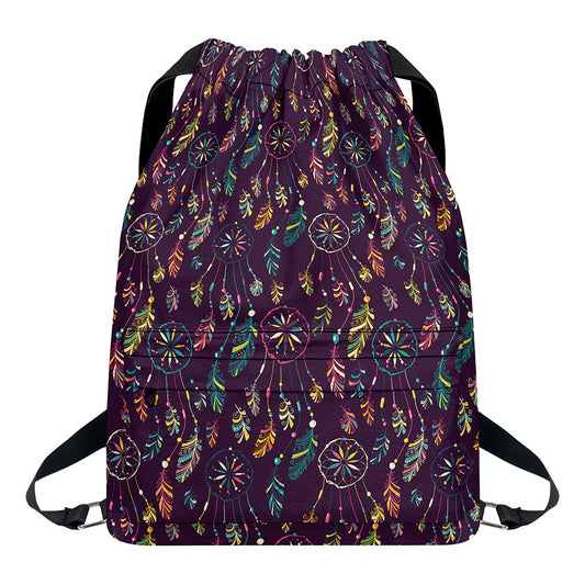 Purple Bohemian Dream Catcher Print Drawstring Backpack