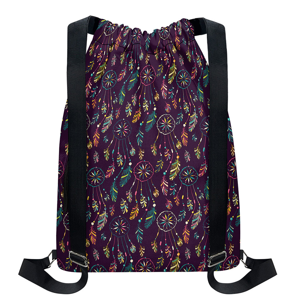 Purple Bohemian Dream Catcher Print Drawstring Backpack