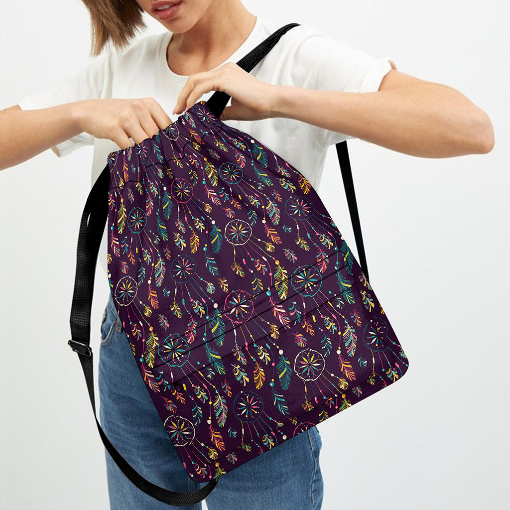 Purple Bohemian Dream Catcher Print Drawstring Backpack