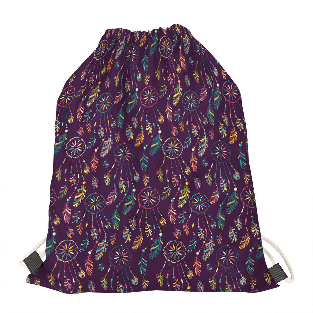 Purple Bohemian Dream Catcher Print Drawstring Bag