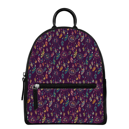 Purple Bohemian Dream Catcher Print Leather Backpack