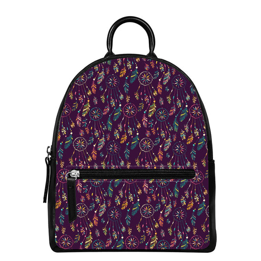 Purple Bohemian Dream Catcher Print Leather Backpack