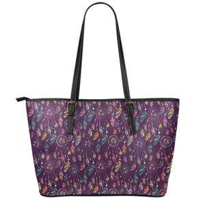 Purple Bohemian Dream Catcher Print Leather Tote Bag