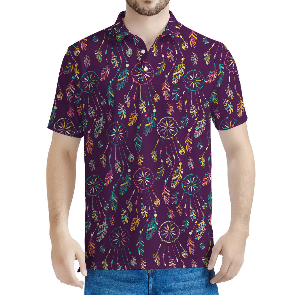 Purple Bohemian Dream Catcher Print Men's Polo Shirt
