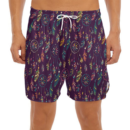 Purple Bohemian Dream Catcher Print Men's Split Running Shorts