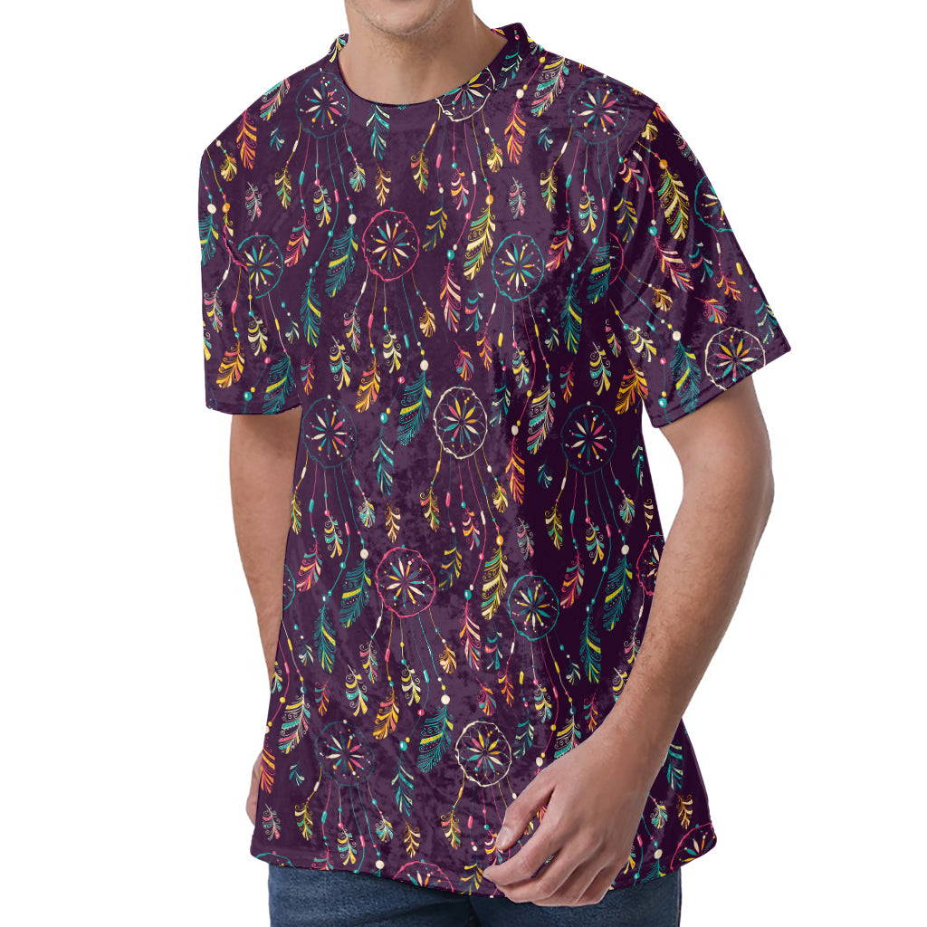 Purple Bohemian Dream Catcher Print Men's Velvet T-Shirt