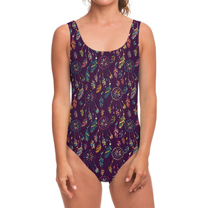 Purple Bohemian Dream Catcher Print One Piece Swimsuit