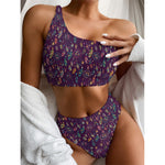 Purple Bohemian Dream Catcher Print One Shoulder Bikini Top