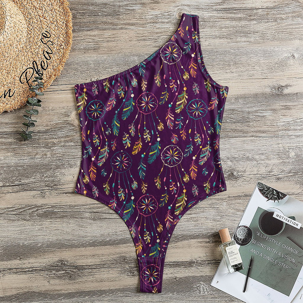 Purple Bohemian Dream Catcher Print One Shoulder Bodysuit